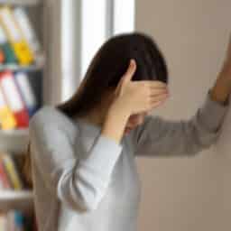 Woman holds wall with balance issue